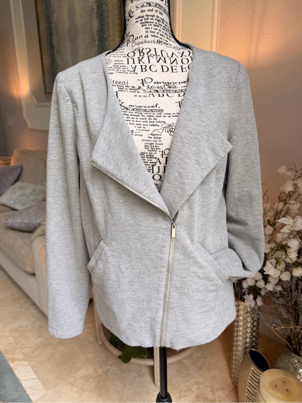 VTG Mossimo Heather Gray Knit Moto Jacket Asymmetric Zip Blazer Large EUC